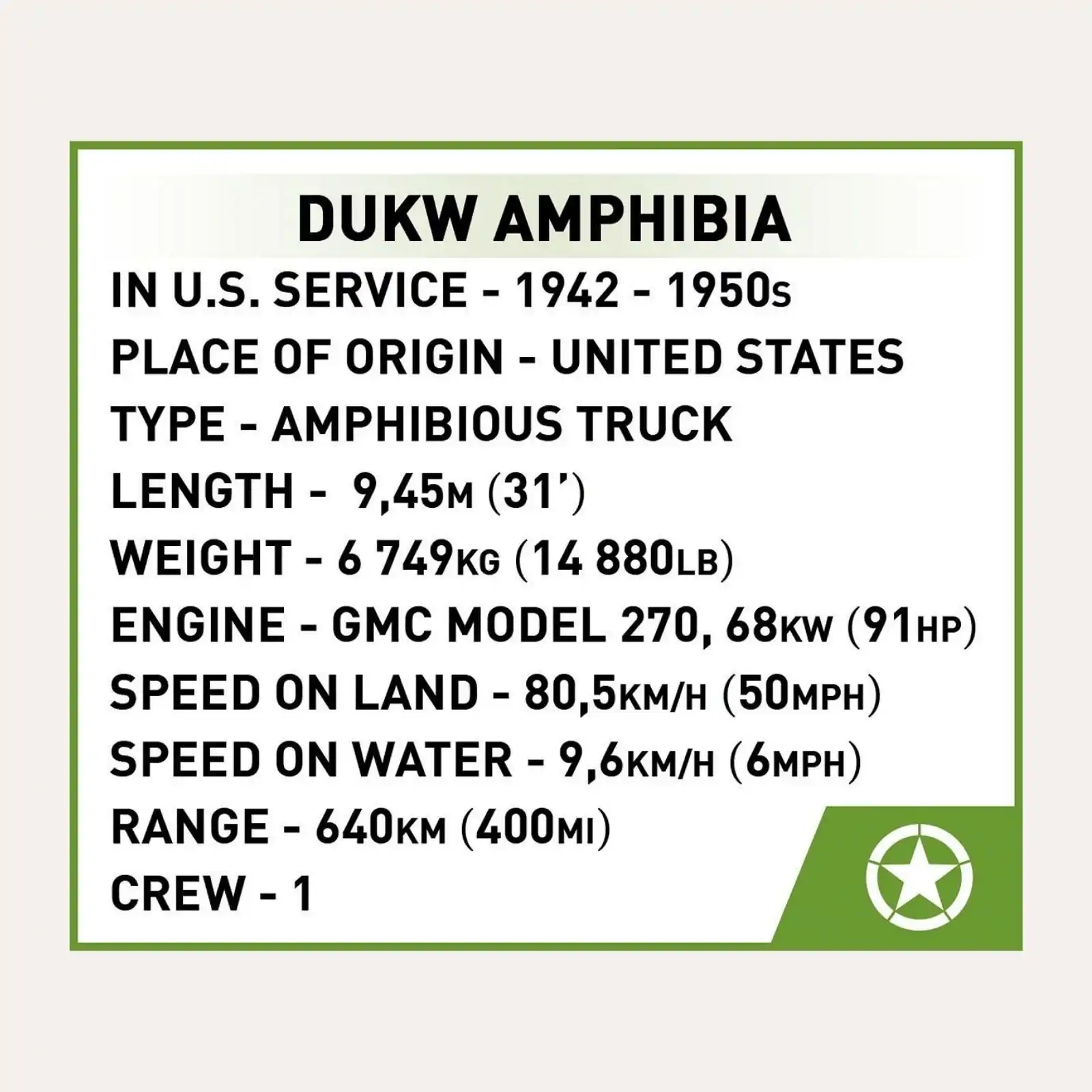Dukw amphibia spécifications historiques